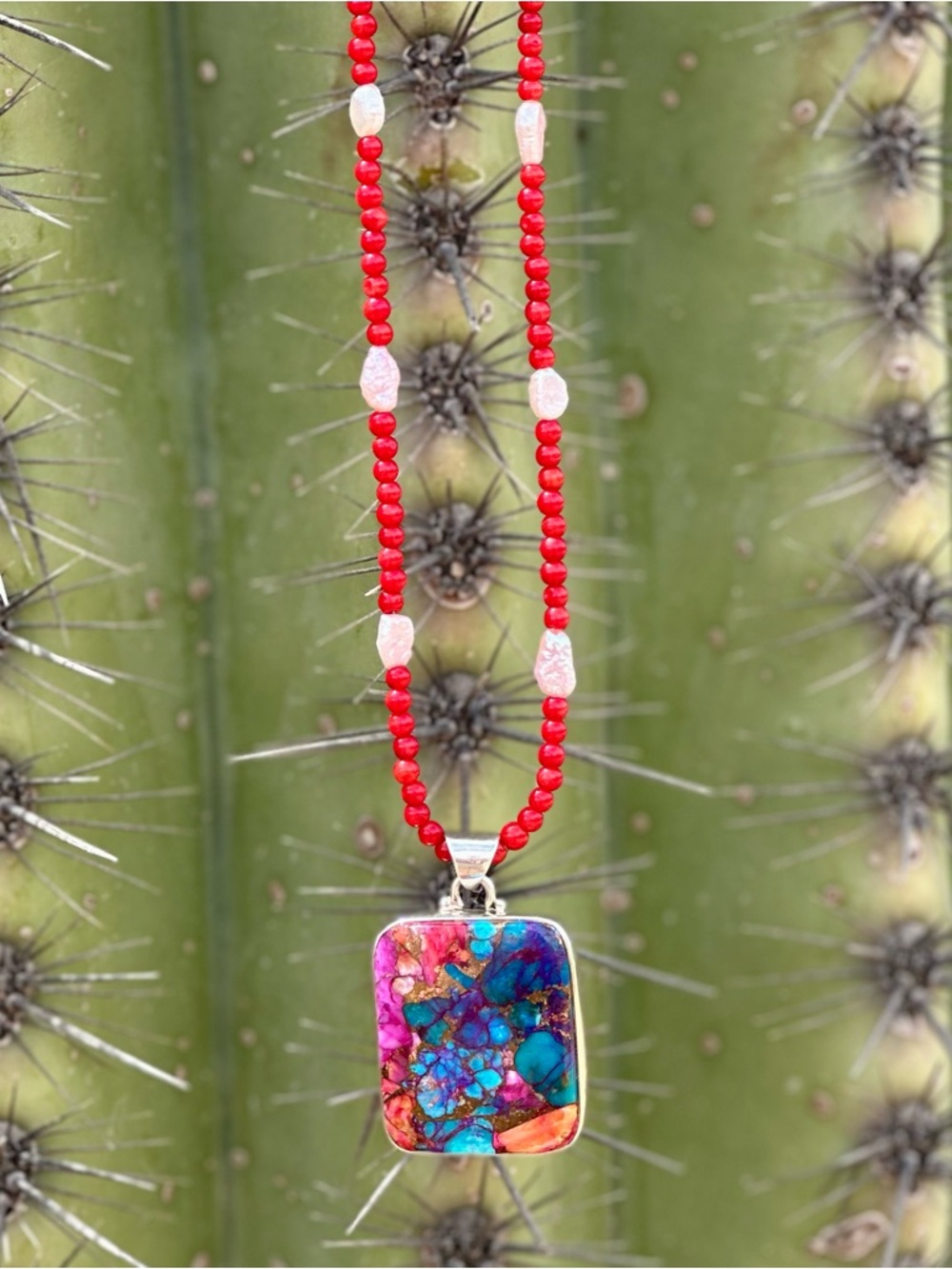 Spiny Oyster Turquoise Pendant Necklace Rectangle